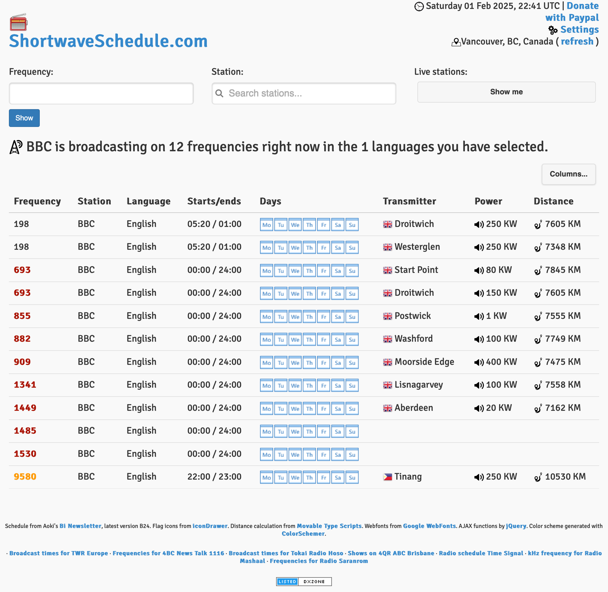screenshot of Shortwave Schedule